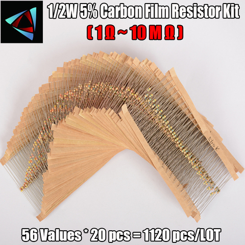 Juego de resistencia de película de carbono, 1120 Uds., 0,5 W, 56 valores, 1/2W, 5%, 1R- 10M, ohm ► Foto 1/2