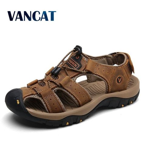 Vancat-sandalias de piel de vaca para hombre, zapatillas de playa informales, para exteriores, talla grande, novedad de 2022 ► Foto 1/6