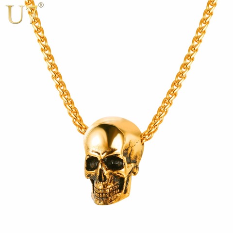 U7 de Halloween del cráneo de la joyería collar de acero inoxidable gótica de colgante y cadena para hombres/mujeres Punk regalo oro/ color Negro P1133 ► Foto 1/6