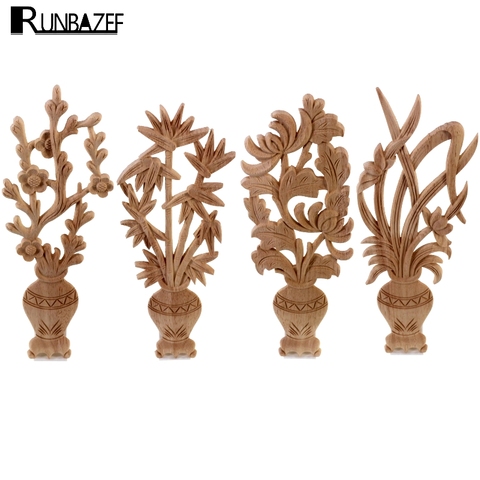 Runbazef flor Tallados natural apliques de madera florero de madera tallada sin pintar molduras decorativo figurita vintage hogar ► Foto 1/5