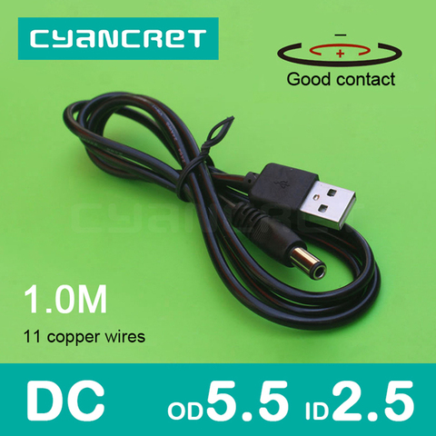 Cable de alimentación USB 2,0 a CC, 5,5mm x 2,5mm, 1,0 M, 1A, compatible con conector de cargador de 5V o 12V, para enrutador, decodificador, lámpara de mesa, MP3, MP4 ► Foto 1/6