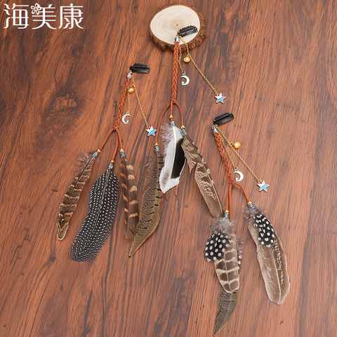 Haimekang-Diadema con plumas para mujer, diadema Bohemia, accesorios para el cabello con borlas, pinzas para el pelo ► Foto 1/6