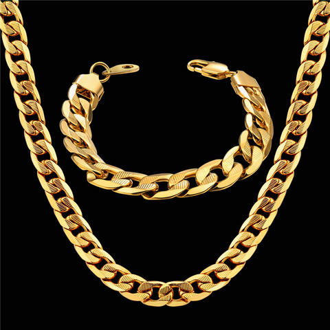 Conjuntos de joyas de Dubái para hombre y mujer, collar de acero inoxidable de Color dorado, conjunto de pulsera, cadena gruesa cubana con curva de hip hop, joyería al por mayor ► Foto 1/6