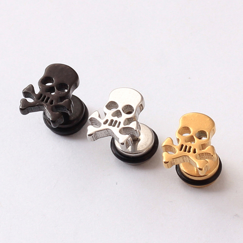 Calavera pirata pendientes tapones de acero inoxidable de titanio Rock estilo Hiphop oído hombres/mujeres aretes de tuerca con perforaciones ► Foto 1/6