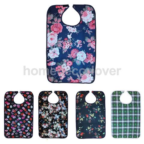 Babero para la hora de comer para adultos mayores, reutilizable, impermeable, Protector contra derrames, delantal de ayuda para discapacitados, estampado de flores y labios de rejilla ► Foto 1/6