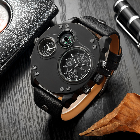 Oulm Unique Sport Watches Men Luxury Brand Two Time Zone Wristwatch Decorative Compass Male Quartz Watch relogio masculino ► Foto 1/6