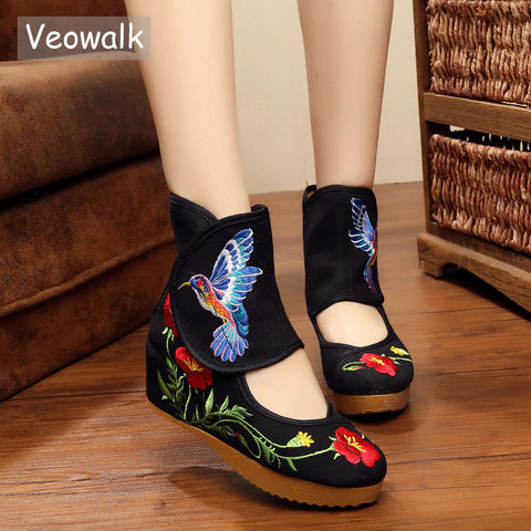 Veowalk tobillo Wrap mujeres Casual botas Hummingbird chino Noble Mary Janes dentro aumento bordado bombas zapatos de tela ► Foto 1/6