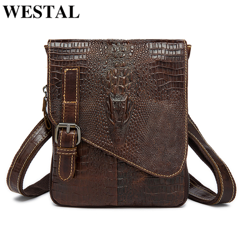 WESTAL Genuinos Hombres Bolsas de Cuero Riñoneras Hombre Crossbody Bolsa de Mensajero Bolsa de Patrón de Cocodrilo piel de Vacuno del Diseño Masculino 8000 ► Foto 1/6