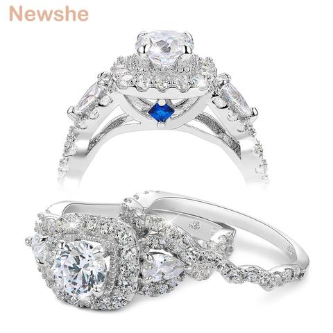 Newshe 2 piezas Halo 925 Plata de Ley anillos de boda para mujeres 1,5 Ct redondo pera corte AAA CZ joyería clásica conjunto de anillo de compromiso de ► Foto 1/6