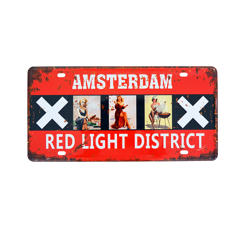 Amsterdam placa Vintage coche Placa de lata de Metal decorativa señal Bar decoración de pared de hogar y bares Luz Roja hierro cartel 15*30cm A272 ► Foto 1/6