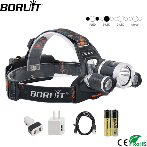 BORUiT RJ-3000 XM-L2 4 Modo USB recargable faros 3000 lúmenes cabeza antorcha pesca caza linterna 18650 batería ► Foto 1/6