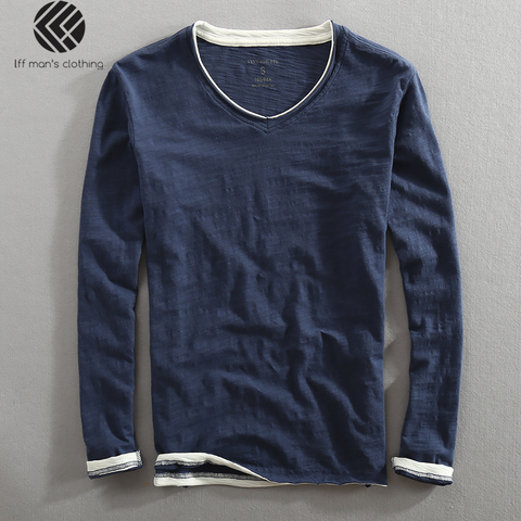 Camiseta de manga larga con cuello en V para hombre, Estilo de China de marca a la moda, de algodón de bambú falso, informal, fina, de primavera y otoño ► Foto 1/5