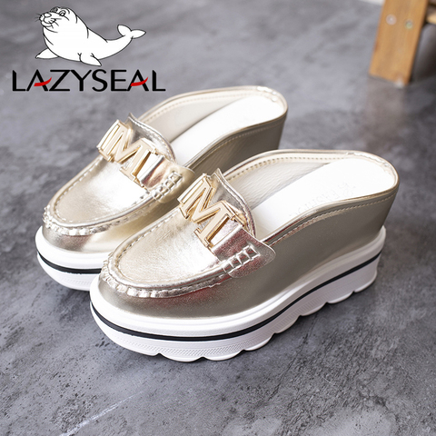 LazySeal-Mocasines abiertos con plataforma para mujer, calzado estilo mules con cuña, con 'M' decorativa, 2022 ► Foto 1/6