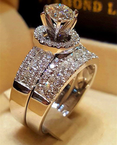 Conjunto de anillos de boda de cristal de lujo para mujer, conjunto de anillos de boda de Color plateado para mujer, sortija de compromiso de promesa de amor ► Foto 1/1