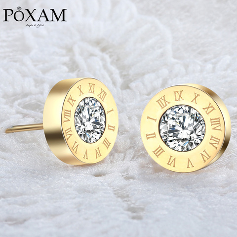 POXAM-pendientes pequeños de circonia cúbica para mujer y hombre, joyería de moda, Número Romano, cristal redondo, personalidad ► Foto 1/6
