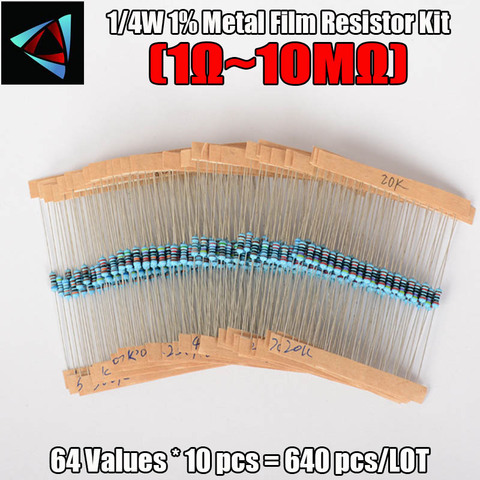 Nueva llegada 640 Uds 1R-10MR 1/4w 1% Kit de resistencias de película metálica 64 valores surtido paquete mezcla conjunto de resistencias de bajo ruido ► Foto 1/3