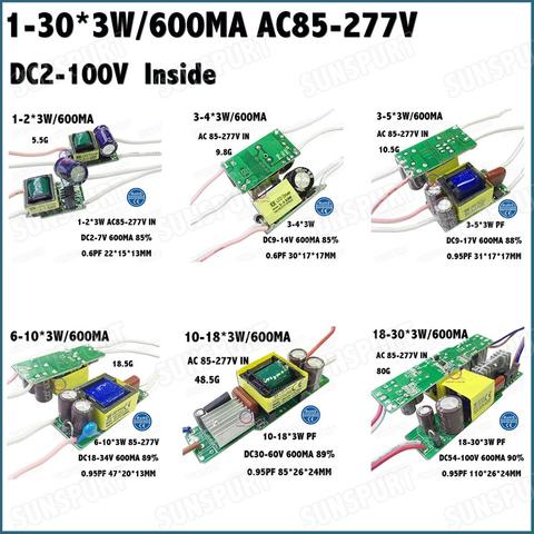 Dentro de 2-60W AC85-277V Controlador LED 1-2x3W 2-4x3W 3-5x3W 6-10x3W 10-18x3W 18-30x3W 600mA DC2-105V corriente constante envío gratis ► Foto 1/6