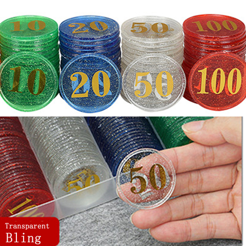 40 unids/lote 38mm especial Bling transparente con fichas plásticas de póker grandes números pequeños chips para juegos fichas de monedas ► Foto 1/4