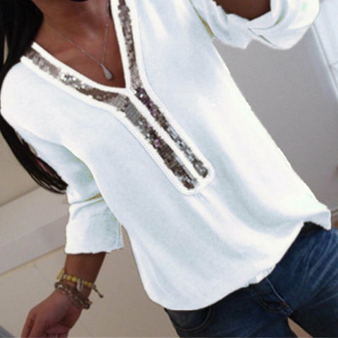 Blusa holgada informal de manga larga para verano, camisa color liso con cuello en V para mujer, con lentejuelas, ropa suave ► Foto 1/6