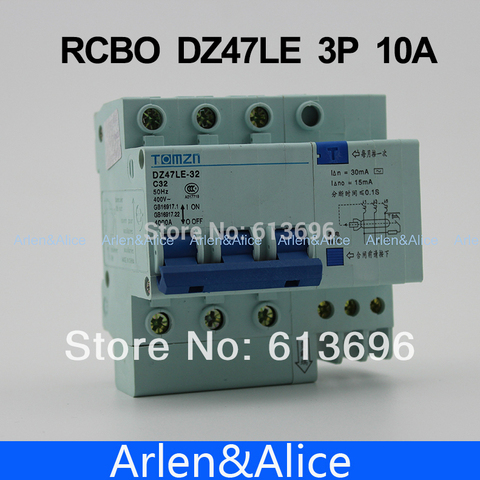 3P 10A DZ47LE TOMZN 400V ~ Disyuntor de corriente residual con protección contra sobrecorriente y fugas RCBO ► Foto 1/1