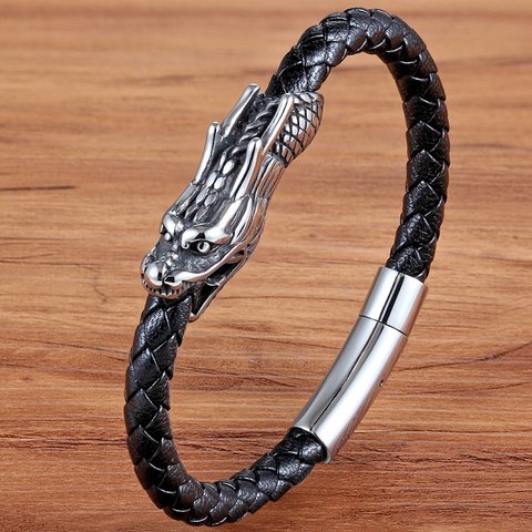 XQNI-pulsera de cuero genuino con diseño de dragón para hombre, brazalete de 19/21CM con símbolo chino Retro, con cierre magnético para regalo de fiesta de cumpleaños ► Foto 1/6