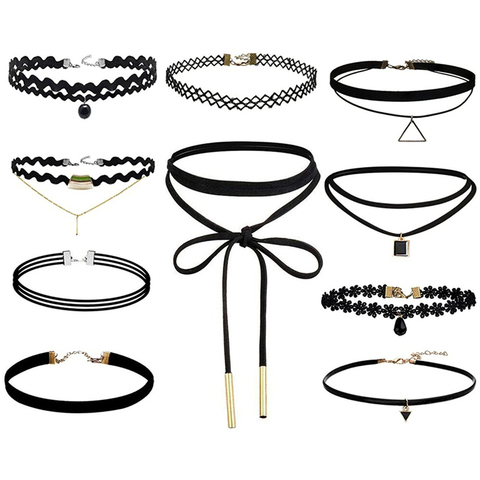 10 unids/pack gargantilla Collar negro cuero con encaje tira de terciopelo mujer Collar joyería accesorios para el cuello collares ► Foto 1/4