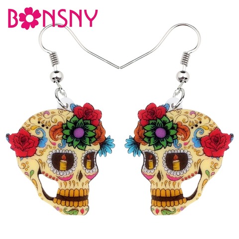 Bonsny declaración acrílico clásico de Halloween cráneo Floral cuelgan pendientes de gota Nueva joyería de moda para mujeres niñas señoras encantos ► Foto 1/5
