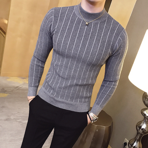 Pulóver para hombre 2022, suéter casual de rayas de color sólido, suéter de punto ajustado de Cuello medio alto para hombre ► Foto 1/6