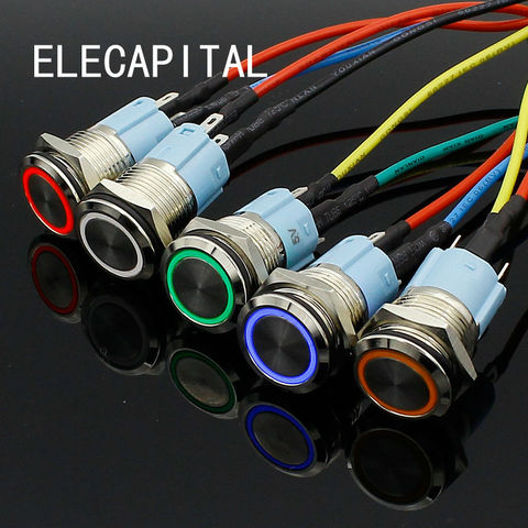 Interruptor de botón de encendido de LED de Metal para coche, dispositivo de encendido y apagado de 16mm, rojo, azul, amarillo, verde, blanco, 3V, 5V, 12V, 24V, 220V ► Foto 1/6