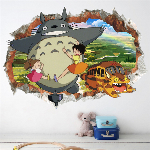 3d agujero roto adhesivos para pared de Totoro para decoración de habitación de los niños de dibujos animados Mural artístico de animales bricolaje hogar Pvc película de Anime carteles ► Foto 1/6