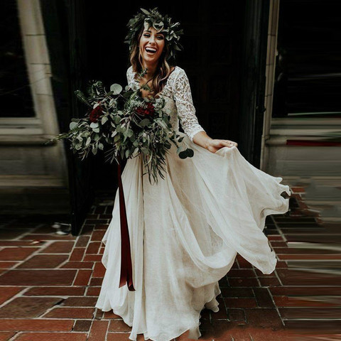 Bohemia boda Vestido largo mangas una línea chifón de marfil blanco princesa de encaje de novia de dos piezas vestido de boda 2022 ► Foto 1/6