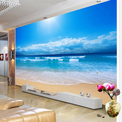 Papel pintado de foto personalizado 3D Vista de Mar pintura de pared sofá dormitorio TV Fondo pared papel mar sol playa pared mural ► Foto 1/6
