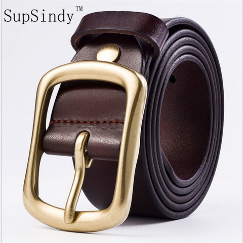 SupSindy-Cinturón de piel de vaca con Pin de cobre sólido para hombre, cinturones de hebilla de alta calidad, informal, vintage, de negocios ► Foto 1/6