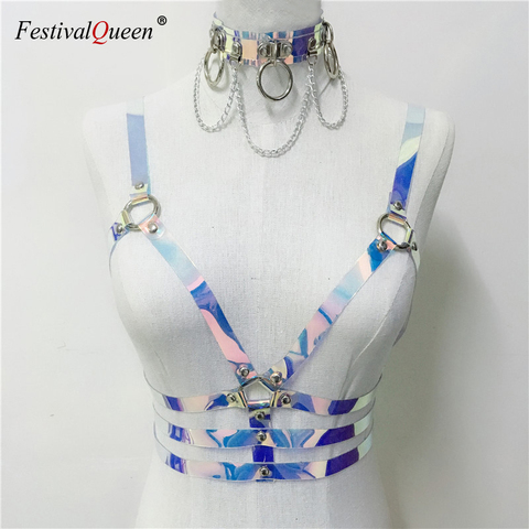 Collar holográfico de PVC para mujer, cinturón de Gargantilla, arnés, camiseta sin mangas, Top corto con láser calado, Tops de fiesta Rave ► Foto 1/6