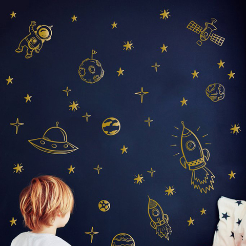 Pegatina de pared de estrella del cohete espacial para decoración del hogar, calcomanía de vinilo de astronauta del cohete espacial para habitación de niños y dormitorio infantil ► Foto 1/4