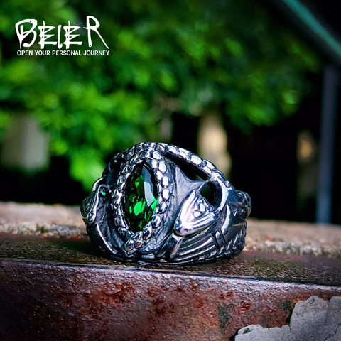 Beier-anillo de acero inoxidable para hombre, amuleto vikingo de nariz, serpiente, ojos verdes, símbolo de Odin, joyería escandinava LR599, venta al por mayor ► Foto 1/6