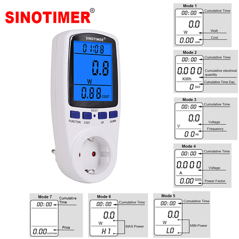 7 modos de uso de electricidad pantalla LCD Monitor medidor de potencia enchufe de la UE energía vatios voltios amperios de potencia KWH Consumo analizador ► Foto 1/6