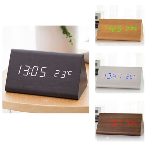 Alarma de reloj Digital de escritorio de madera LED relojes oscuro resplandor en el Control de sonido electrónico termómetro casa decoración regalo ► Foto 1/6