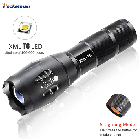 Potente linterna Led táctica XM-L T6, resistente al agua, luz con 5 modos de zoom, batería recargable 18650 o AAA ► Foto 1/6