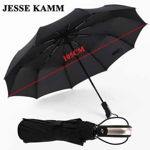 Jesse Kamm totalmente automática tres hombre comercial compacto grande marco fuerte a prueba de viento 10 costillas suave negro paraguas ► Foto 1/6