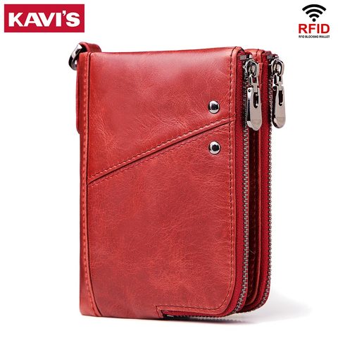 KAVIS de cuero genuino para mujer cartera mujer rojo Rfid monedero pequeño Walet Portomonee Cartera de dinero bolsa de señora Mini tarjetero ► Foto 1/6