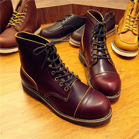 Botas de piel auténtica hechas a mano para hombre y mujer, calzado Original para primavera e invierno, con ala, para motocicleta, a la moda, para boda, Color vino tinto ► Foto 1/6