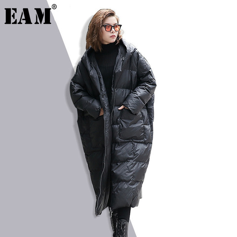 [EAM] 2022 nueva chaqueta de invierno con capucha de manga larga de Color sólido negro acolchado de algodón caliente suelta de gran tamaño parkas de mujer de moda JD12101 ► Foto 1/6