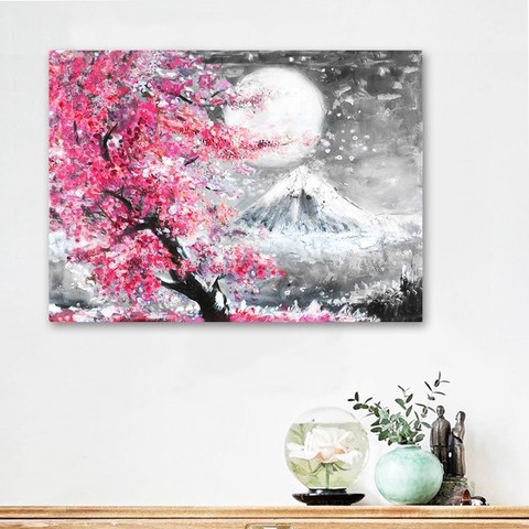 Cuadro de paisaje de flores de cerezo Fuji, lienzo japonés, arte de pared, póster, impresiones al óleo, imágenes para sala de estar, cocina, decoración del hogar ► Foto 1/6