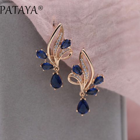 Pattaya nuevas llegadas azul oscuro gota de agua natural ZIRCON cuelgan Pendientes mujeres 585 Rose oro boda joyería 2 color ► Foto 1/6