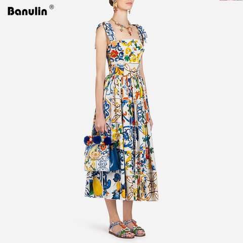 Banulin nueva moda 2022 pista vestido de verano arco de las mujeres de la correa de espagueti hermosa Floral Midi vestido de algodón vestidos ► Foto 1/1
