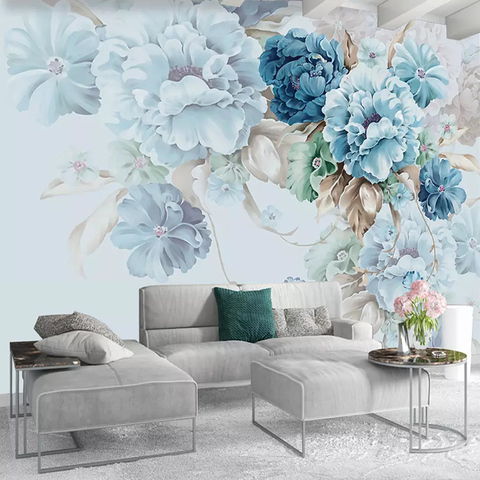 Papel tapiz con estampado floral de estilo nórdico para el hogar, mural de flores pintado a mano para sala de estar, TV, personalizado, pintura de pared ► Foto 1/6