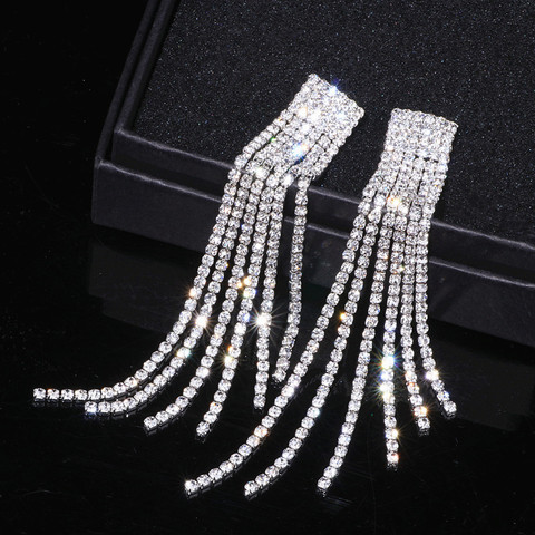 Nuevo Color de plata de diamantes de imitación de cristal largo pendientes de borla para mujeres nupcial gota pendientes Brincos joyería de la boda de WX006 ► Foto 1/6