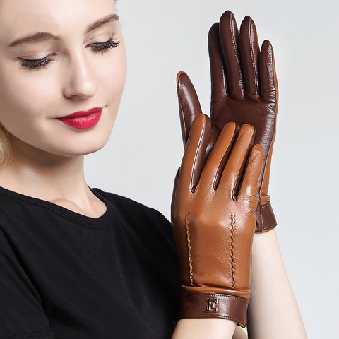 Nuevo 2022 guantes de cuero genuino para mujeres elegantes de dos tonos guantes de piel de oveja otoño invierno cálido felpa forrada 3326 ► Foto 1/6