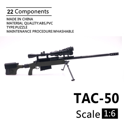 1:6 TAC-50 Rifle de francotirador modelo negro recubierto plástico modelo militar accesorios para 12 